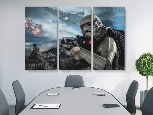 Vista 2 de Amk Wood Lienzo de batalla de soldado galáctico Impresión futurista de guerrero de ciencia ficción Decoración del hogar temática espacial