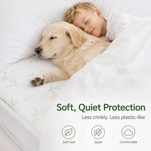 Vista 2 de Protector de colchón de viscosa de bambú impermeable, suave, silencioso y transpirable, bolsillo profundo de hasta 18 pulgadas, lavable a máquina