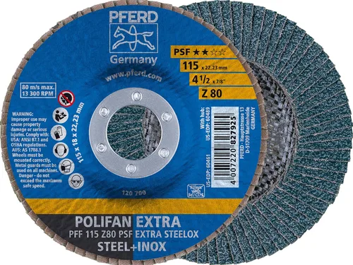 Vista 9 de PFERD POLIFAN® Disco Flap 4-1/2" x 7/8" Plano PSF-Extra, Circonita, Grano 40 (Paquete de 1) - Parte 60458