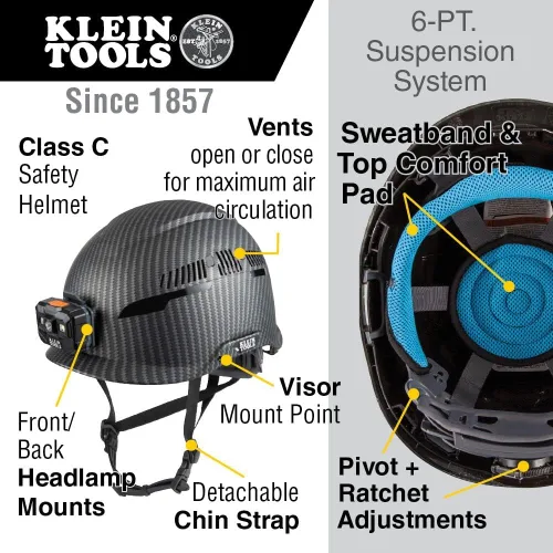Vista 4 de Casco duro, ala completa ventilada, patrón KARBN premium, lámpara recargable