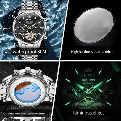 Vista 4 de OLEVS Automatic Watches for Men Luxury Skeleton Multi-Function Mechanical Watch Self Winding Date Waterproof Luminous Mens Watch