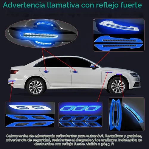 Vista 3 de Juego de 16 calcomanías reflectantes para automóvil, calcomanías de advertencia de espejo, protector de manija de puerta de automóvil, protector Azul