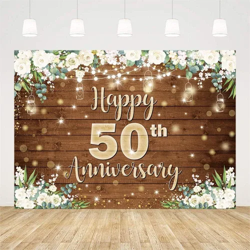 Vista 2 de AIBIIN Telón de fondo de feliz aniversario de 7 x 5 pies para parejas que saludan a 50 años, decoración de fiesta de cumpleaños, flores blancas