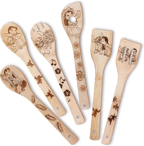 Vista 8 de Juego de utensilios de madera, utensilios de bambú, 5 cucharas de madera para cocinar, fáciles de limpiar, resistentes, ligeros y resistentes al