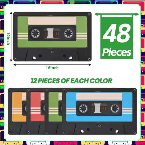 Vista 2 de Paquete de 48 manteles individuales de papel de cassette para fiestas de los años 80, manteles individuales decorativos para fiestas de hip-hop