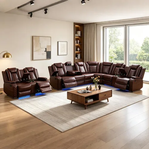 Vista 12 de Juego de sofá seccional reclinable de cuero, sofá seccional con 4 sillones reclinables Juegos de muebles de sala con 3 reclinables, luz LED