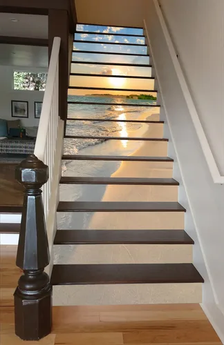 Vista 3 de artfanke 13 piezas de adhesivos 3D de amanecer en la playa - Adhesivos para escalones de pelar y pegar para decoración de hogar y oficina - 39,37" x