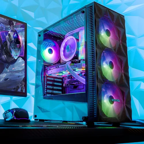 Vista 5 de MOROVOL Carcasa para PC con 4 ventiladores RGB preinstalados, carcasa de computadora ATX para juegos con malla frontal en forma de diamante y panel