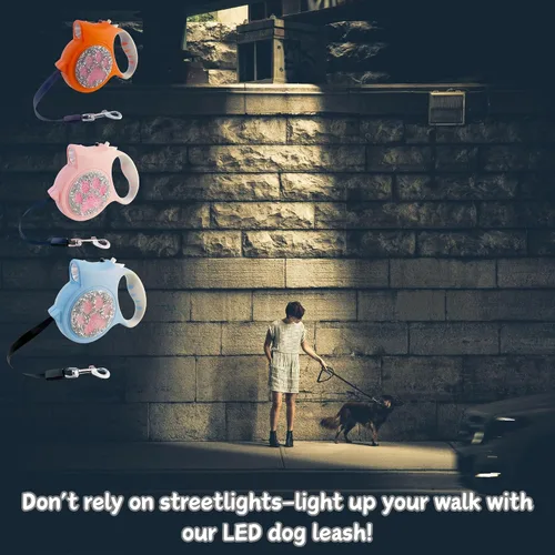 Vista 4 de Correa retráctil con luz LED para perros pequeños a medianos, extensible de 16 pies para paseos nocturnos seguros (negro)