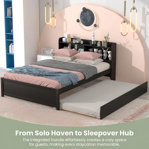 Vista 4 de Bellemave Cama matrimonial con nido y estantería, base de cama de plataforma con almacenamiento para niños, sin ruido, no necesita somier, fácil