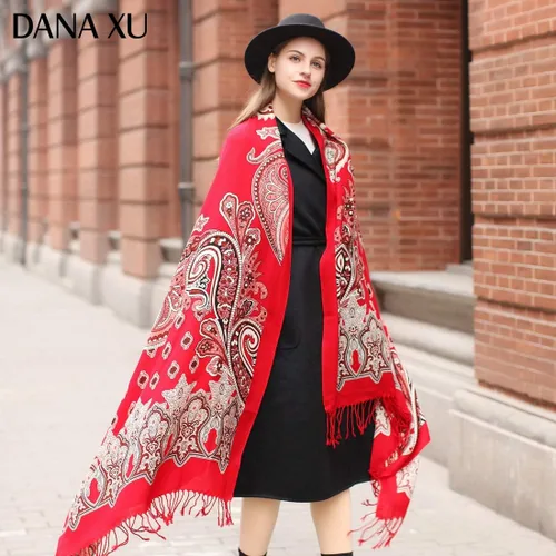 Vista 2 de DANA XU 100% pura lana merino extra grande pashmina cachemira bufanda chal y envoltura para mujeres invierno manta floral de gran