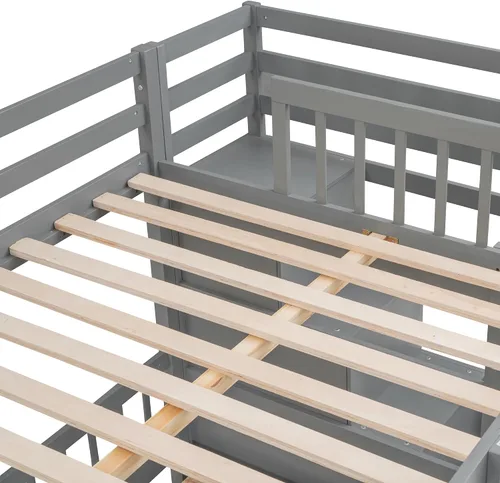 Vista 5 de RUNNA Litera matrimonial sobre individual con escritorio, cajones y escaleras, litera de madera maciza para niños, niñas, adolescentes y adultos