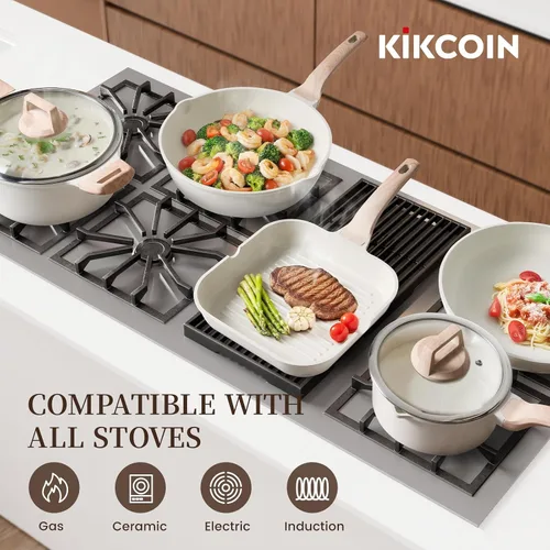 Vista 6 de Kikcoin Juego de 16 Piezas de Ollas y Sartenes Antiadherentes de Cerámica, Juegos de Utensilios de Cocina de Inducción, No Tóxico, Saludable