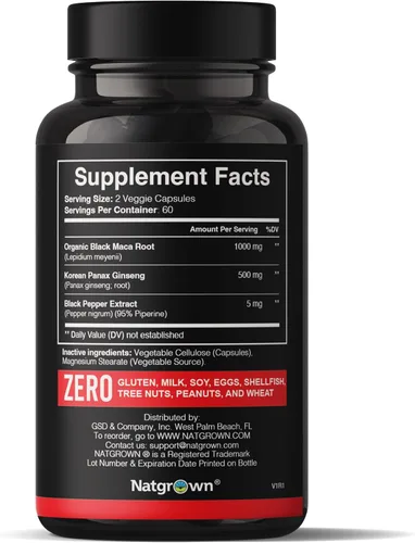 Vista 2 de Natgrown Cápsulas de Polvo de Raíz de Maca Negra + Panax Ginseng de 1500 mg con Raíz de Maca Negra Peruana y Suplemento de Panax Ginseng Coreano