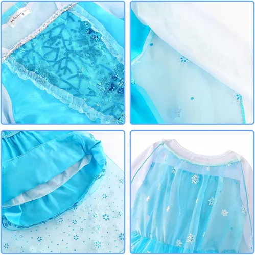 Vista 5 de Vestido de princesa para niñas, disfraz de Halloween, cosplay, ropa de fiesta de lentejuelas, traje de cumpleaños, azul