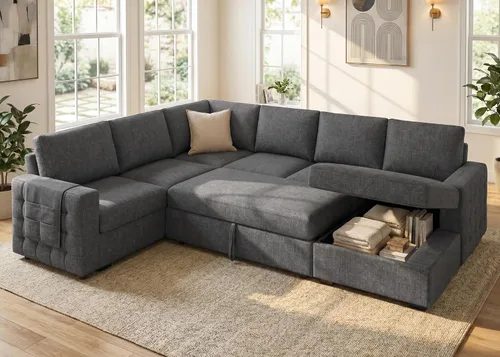Vista 14 de HONBAY Sofá cama seccional con cama extraíble, sofá seccional en forma de U con diván de almacenamiento, sofá seccional de 6 plazas, terciopelo negro