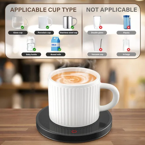 Vista 7 de GLSY Calentador de taza de café, calentador de tazas para escritorio, plato calentador de bebidas eléctrico con 2 ajustes de temperatura para té