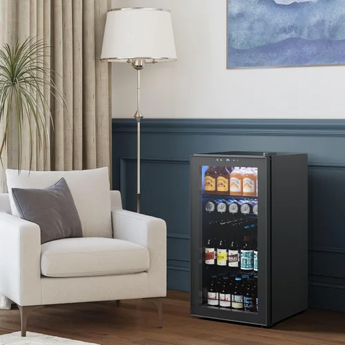 Vista 7 de Yeego Refrigerador de bebidas, mini refrigerador de 105 latas con puerta de vidrio, estantes ajustables, control digital de temperatura para Negro