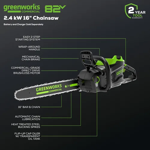 Vista 2 de Greenworks - Motosierra sin escobillas de 82 V, 16 pulgadas (2,4 kW) inalámbrica (225 cortes por carga), batería de 4,0 Ah y cargador rápido