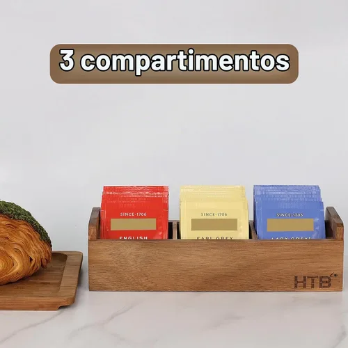 Vista 6 de HTB Caja de té pequeña de madera de acacia con 3 compartimentos para cajón de mostrador Tea Bag Chest with Handle, Mini Countertop Divided Storage