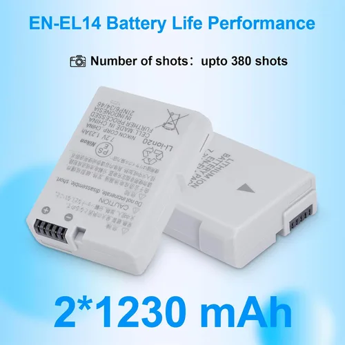 Vista 5 de EN-EL14 EN-EL14A - Batería de 1230 mAh con cargador rápido MH 24 para Nikon D3100 D3200 D3300 D3400 D3500 D5100 D5200 D5300 D5500 D5600 P7 000