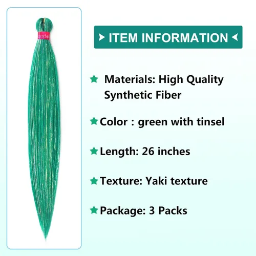 Vista 4 de Cabello trenzado verde con lentejuelas de 26 pulgadas, preestirado, trenzas de textura Yaki, extensiones de cabello pre plumadas, 3 paquetes, fácil