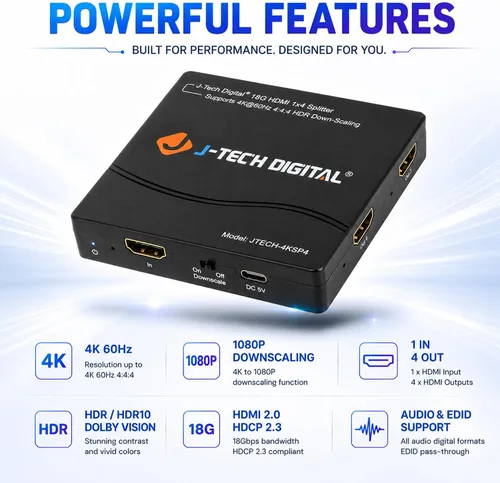 Vista 2 de J-Tech Digital Divisor HDMI 4K 60Hz 1X4 Salida de Resolución Múltiple (MRO) Divisor HDMI 2.0 Soporta reducción HDR HDR10 / Visión Dolby 4K@60Hz