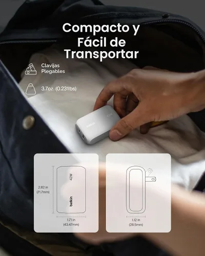 Vista 4 de Belkin Bloque de Carga de 42W con 2 Puertos, Cargador USB-C + USB-A de Super Carga Rápida - Samsung Galaxy S25, Apple iPhone 17, Air, Pro, Pro Max