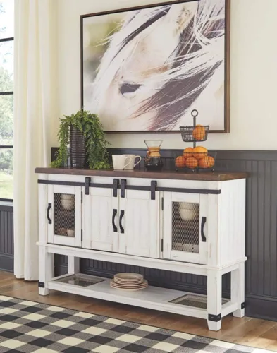 Vista 4 de Signature Design by Ashley Valebeck Farmhouse - Mesa de comedor o buffet, color blanco y marrón y Valebeck Farmhouse rectangular con extensión, se
