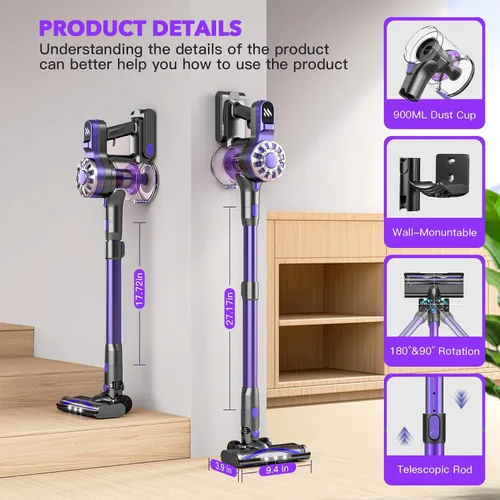 Vista 5 de WLOTPO Aspiradora ligera, recargable e inalámbrica para suelos de madera (morado claro)
