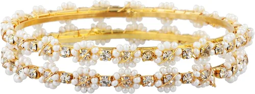 Vista 6 de Efulgenz Brazaletes indios para mujer, estilo indio, Bollywood, tradicional piedra de perlas sintéticas, juego de pulseras de boda (oro