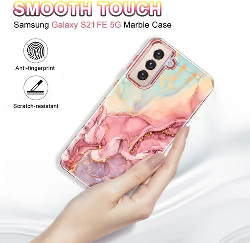 Vista 7 de Btscase Funda para Samsung S21 FE 5G 2022, patrón de mármol 3 en 1, resistente a prueba de golpes, cuerpo completo, policarbonato duro y suave