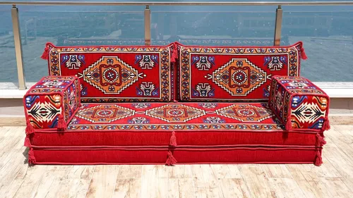 Vista 2 de Red Outdoor Floor Sofa, Moroccan Living Room Couches, Arabic Floor Couch, Turkish Floor Cushion, Ethnic Sofa, Arabic Sofa Seating Set, Sofa Bed