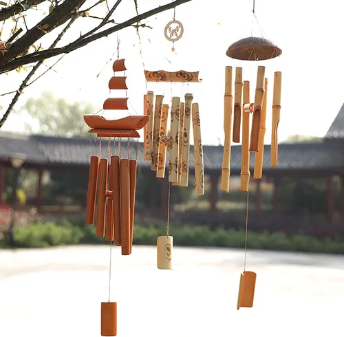 Vista 6 de Campanillas de viento de bambú hechas a mano de 27 pulgadas para exteriores, campanillas de viento de madera, decoración del hogar para exteriores e