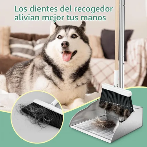 Vista 4 de Recogedores de polvo con mango largo, recogedor de metal resistente con asa, recogedor vertical con dientes para limpiar el cabello para el hogar