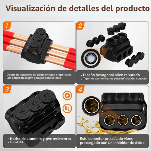 Vista 3 de Joinfworld Conector Multi-Tap Aislado de 3 Puertos Conectores de Cable Calibre 350MCM-6 Conectores de Cable de Aluminio a Cobre Conectores