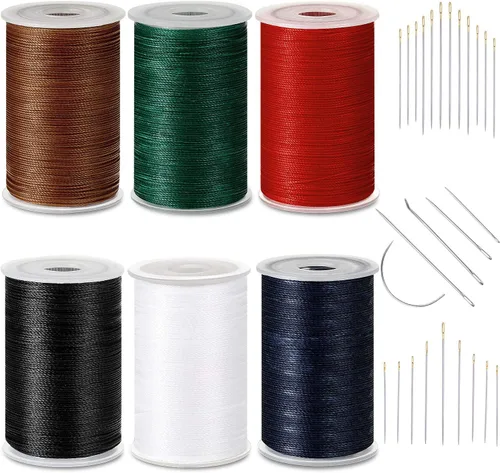 Vista 10 de 6 rollos de hilo fuerte para tapicería, hilo encerado de alta resistencia con agujas de costura a mano para máquina de manualidades de cuero de rojo