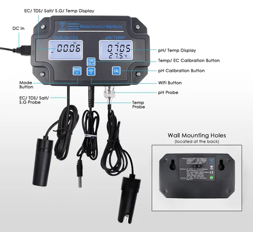 Vista 4 de Probador inteligente de calidad del agua 6 en 1 pH/EC/TDS/Salinidad/S.G y medidor de temperatura con monitor continuo Wi-Fi Medidor de agua de pH