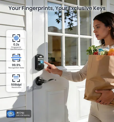 Vista 8 de Veise VE012W-B Cerradura inteligente de huellas dactilares Wi-Fi con juego de manija, control remoto de aplicación, palanca de puerta delantera