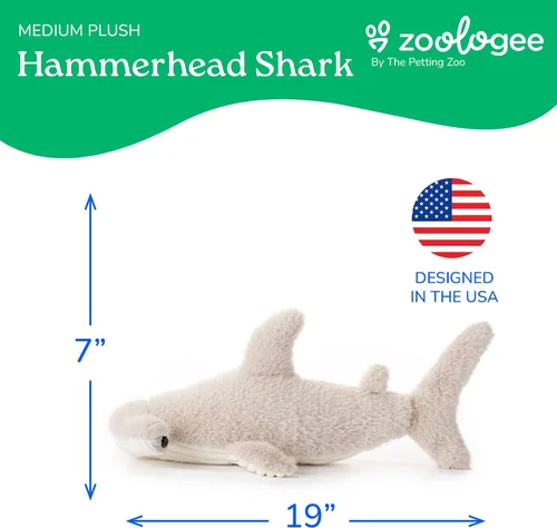 Vista 6 de The Petting Zoo Hammerhead - Peluche de tiburón de peluche, regalos para niños, animales marinos Fuzzlez, juguete de peluche de tiburón gris, 17