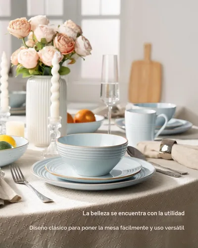 Vista 2 de Juego de vajilla Famiware Jupiter, platos y cuencos para 4 (12 piezas), vajilla de piedra salpicada apta para microondas y lavaplatos, resistente a