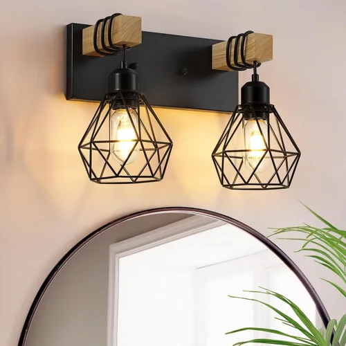 Vista 10 de Lámpara de tocador estilo casa de campo para baño, luminarias de tocador de baño de 2 luces negra dorada de madera sobre espejo, apliques rústicos