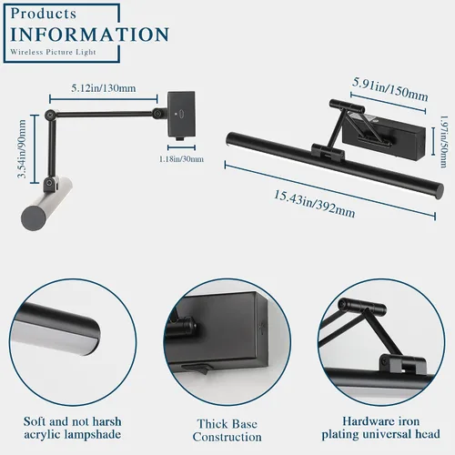 Vista 7 de Joossnwell Luz para Cuadros a Batería Luz Inalámbrica para Cuadros para Pinturas con Control Remoto 15.5 Pulgadas Regulable y Temporizador Luz