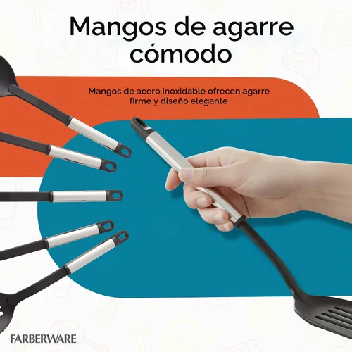 Vista 6 de Farberware Juego de herramientas de cocina de acero inoxidable - Negro, juego de 5 Negro/Plateado