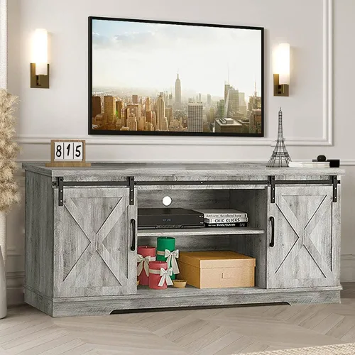 Vista 4 de IDEALHOUSE Soporte de TV de granja, centro de entretenimiento para consola multimedia de TV de 65 pulgadas, puertas de granero blancas