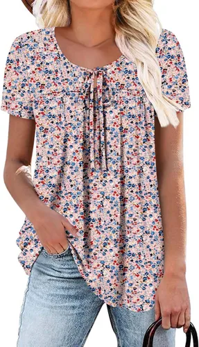 Vista 30 de BETTE BOUTIK Blusas de verano para mujer, plisadas, de manga corta, con cordón, cuello redondo, tallas S-3XL