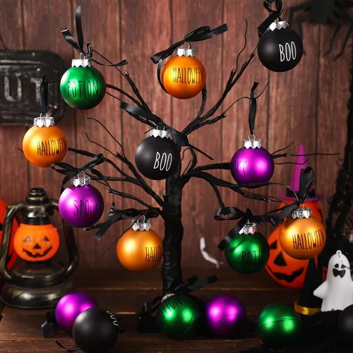 Vista 5 de Karenhi 16 adornos de bola de Halloween para árbol, decoraciones de Halloween de 2.4 pulgadas, decoración colgante de plástico para árbol y fiesta