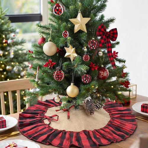 Vista 4 de Mini falda de árbol de arpillera a cuadros Buffalo con volantes rojos y negros, falda pequeña de árbol de Navidad a cuadros rojos y negros de 24