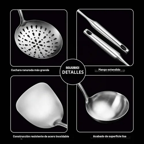 Vista 2 de Juego de utensilios de cocina de acero inoxidable 304 de 4 piezas con asas extralargas, espátula, cucharón, cuchara ranurada, espátula ranurada