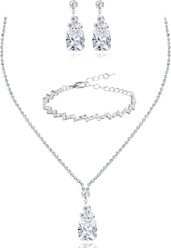 Vista 7 de CAVETEE Conjunto de joyas para mujer, collar con colgante de novia de cristal y pulsera para mujer
